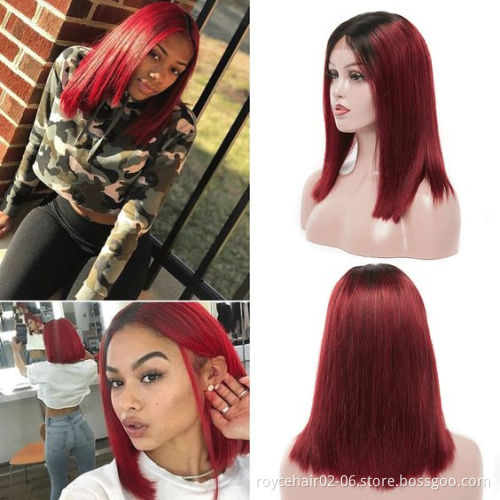 Cheap Brazilian Virgin Human Hair Weave Color Short Hair Wig 99j Red Lace Front Bob Wig For Women